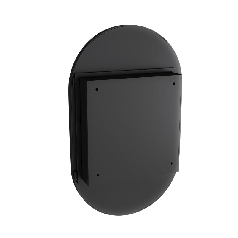 Stylish Oval Mirror Cabinet, Recessed Medicine Cabinet, Wall Cabinet with Metal Framed, Mirror and Adjustable Shelves, Mirror Cabinet with Storage for Bathroom, Living Room and Bedroom, Black