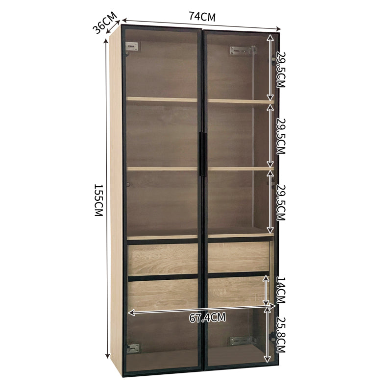 Badezimmerschrank, mittel, mit Lichtleiste, 73 cm breit, mit 2 großen Schubladen und 2 Türen, Glastür