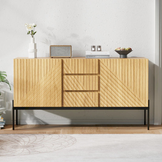 Sideboard mit 2 Türen und 3 Schubladen,Metallbeinen, TV-Schrank,Buffet, Kommode mit Linien-Design