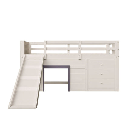 90 x 200 niedriges Hochbett mit Rutsche, drei Schubladen und zwei Türen, Creme
