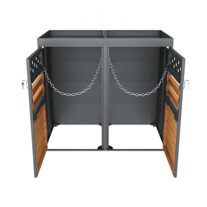 Mülltonnenbox 2er mit Pflanzdach, 120-240 Liter, Anthrazit  Tür in Holzoptik inkl. Erweiterungsmöglichkeit ,Aufbewahrungsbox für Mülltonnen, Müllbox (Das Produkt enthält keinen eingebauten Mülleimer)