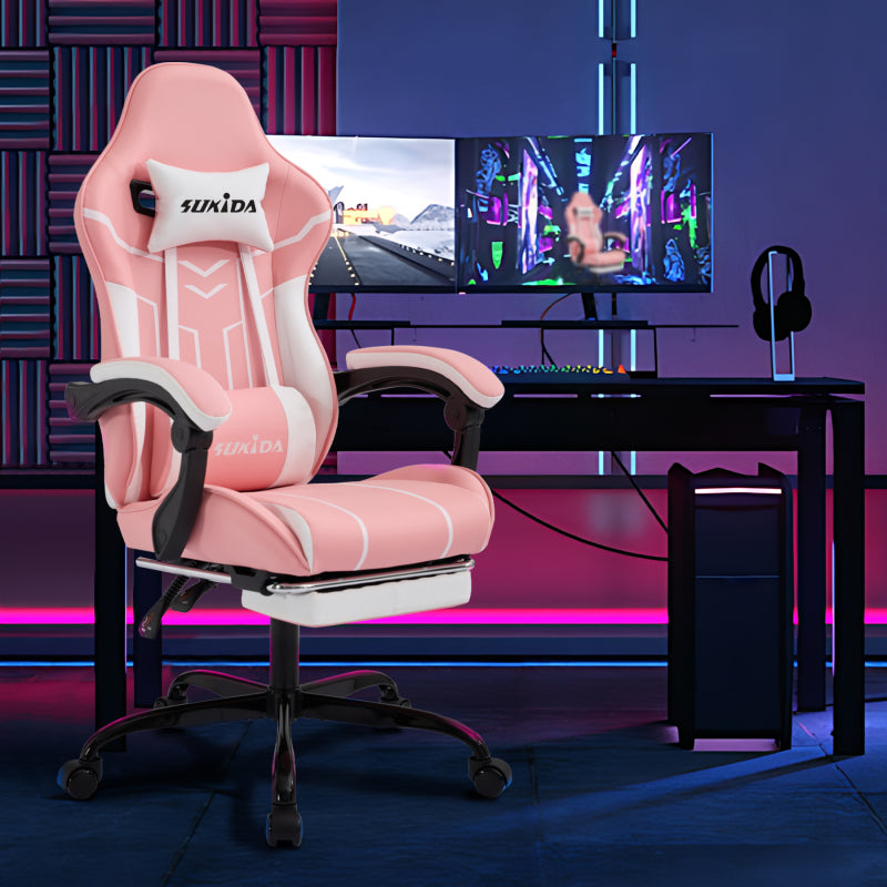 Gaming Stuhl Computerstuhl Ergonomischer Gaming Chair mit Fußstütze Bürostuhl Ergonomischer Computerstuhl mit Lendenwirbelstütze Pinkwhite