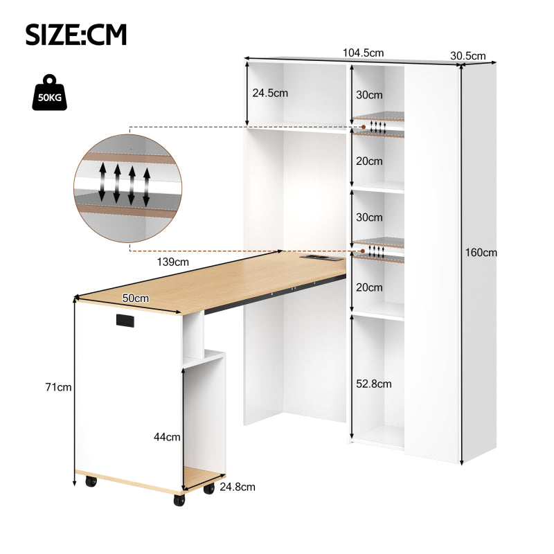 Klappbarer Schreibtisch mit Ablagen –2-in-1-Bücherregal und Schreibtisch, klappbar, mit Steckdose und USB-Anschluss, Kippschutz, weiß