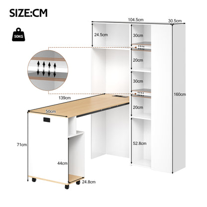 Klappbarer Schreibtisch mit Ablagen –2-in-1-Bücherregal und Schreibtisch, klappbar, mit Steckdose und USB-Anschluss, Kippschutz, weiß