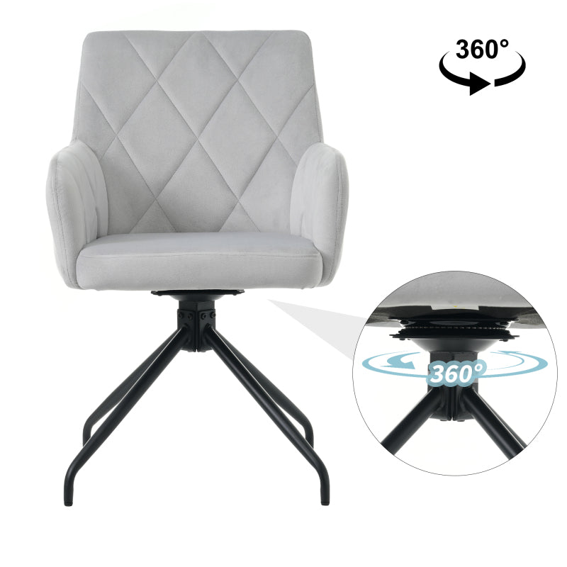 2er Set 360° Drehbarer Esszimmerstühle mit Rautenmuster,Gepolsterter Sessel mit 4 Metallbeinen,Moderner Lounge-Stuhl,Wohnzimmerstuhl für Shlafzimmer,Arbeitzimmer,Lendenwirbelstütze,Samt,Grau