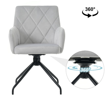 2er Set 360° Drehbarer Esszimmerstühle mit Rautenmuster,Gepolsterter Sessel mit 4 Metallbeinen,Moderner Lounge-Stuhl,Wohnzimmerstuhl für Shlafzimmer,Arbeitzimmer,Lendenwirbelstütze,Samt,Grau