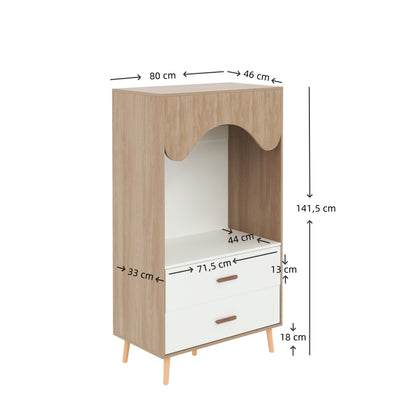 Kinderkleiderschrank, Kleiderschrank mit Kleiderstange, mit Schubladen, Vollholz Griffen, aus Spanplatte, weiß+natürliches Holz