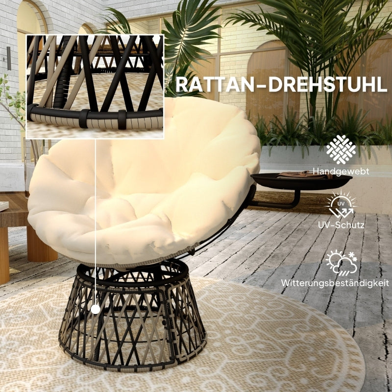 Papasansessel Rattan 360° drehbar Korbsessel mit Kissen Durchmesser 90 cm, für Wohnzimmer, Garten, Balkon, Beige