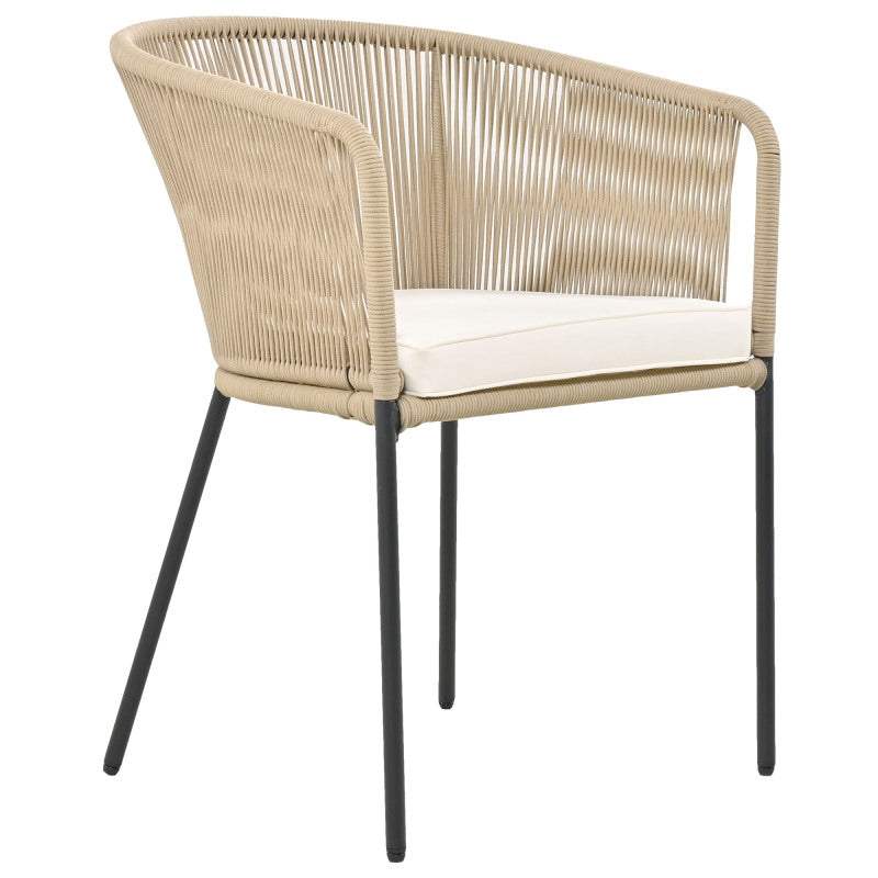 Garten-Essgruppe, 7-tlg, Garten-Lounge-Set aus Seil, 6 Sessel und 1 Tisch, Tisch aus Akazienholz, Mit Fußpolstern und sechs Sitzkissen, abnehmbar und waschbar