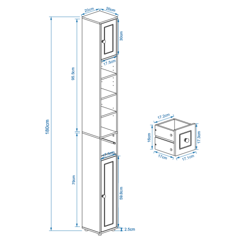 Badschrank Schmal Weiß 20x20cm, Nischenschrank 180 cm hoch
