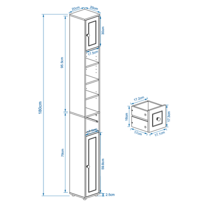 Badschrank Schmal Weiß 20x20cm, Nischenschrank 180 cm hoch