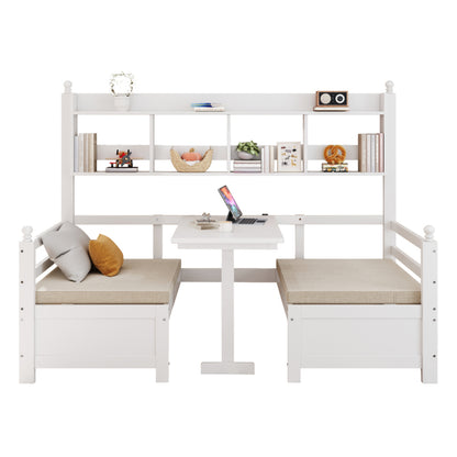 Multifunktionales Massivholz Schlafsofa 200x90 cm, 2-in-1 Bett und Schreibtisch, Frei Umbaubar, Mit Bücherregal Zur Aufbewahrung, Mit Bequemen Kissen, Gästebett Einzelholzbett, Weiß