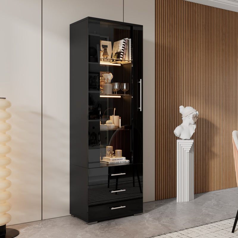 Schwarz Hochglanz Vitrine, Vitrine Glasvitrine , Standvitrine mit LED-Beleuchtung, Vertikale Vitrine mit 3 Schubladen, 60*35*180cm