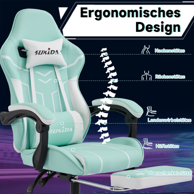 Gaming Stuhl Computerstuhl Ergonomischer Gaming Chair mit Fußstütze Bürostuhl Ergonomischer Computerstuhl mit Lendenwirbelstütze, Mintgrün
