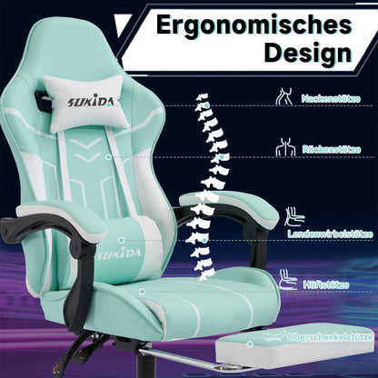 Gaming Stuhl Computerstuhl Ergonomischer Gaming Chair mit Fußstütze Bürostuhl Ergonomischer Computerstuhl mit Lendenwirbelstütze, Mintgrün