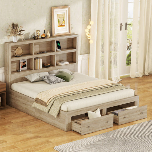 160*200 cm Doppelbett, Kingsize-Plattformbett mit zwei Schubladen am Fußende des Bettes, Kopfteil mit Stauraum, Natur
