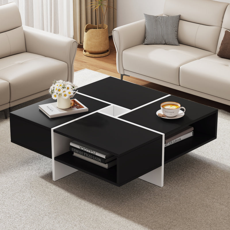 Moderner quadratischer Couchtisch 70x70x35cm - Schwarz-weißes Design, 5 offene Fächer, mittleres Ablagefach 10x10cm, Belastbarkeit 30KG, schwarzer quadratischer Couchtisch
