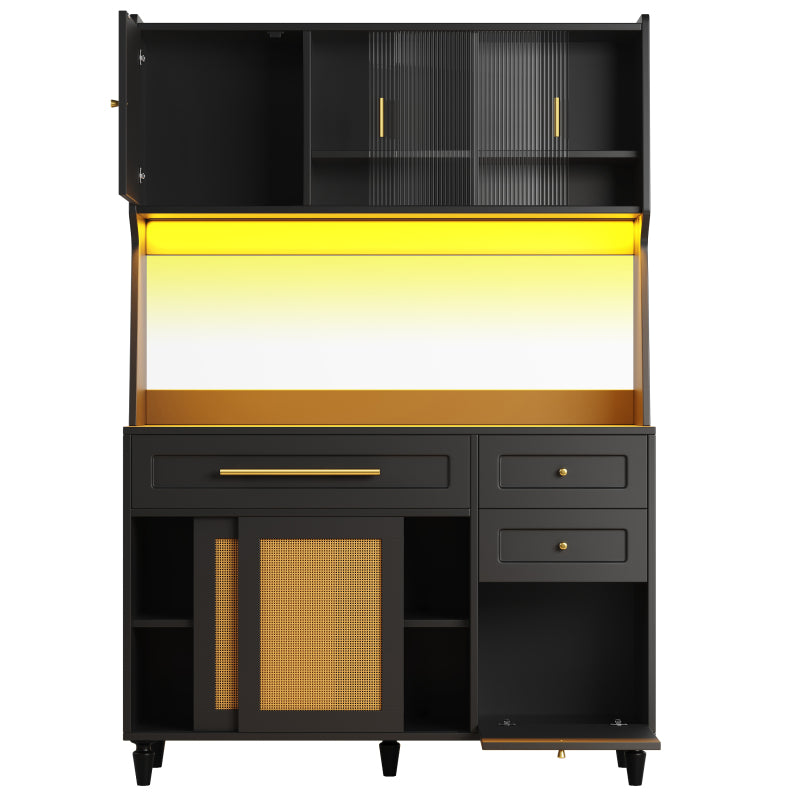 Küchenschrank, Esszimmerschrank mit 3 Schubladen,Sideboard mit LED-Beleuchtung, PE-rattan, schwarz