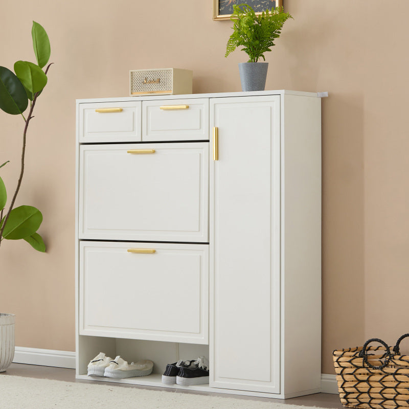 Moderne Schuhschrank, mit verstellbaren Regalen, goldenen Griffen, 2 Schubladen, Klappschuhschrank und 2 Türen, weiß