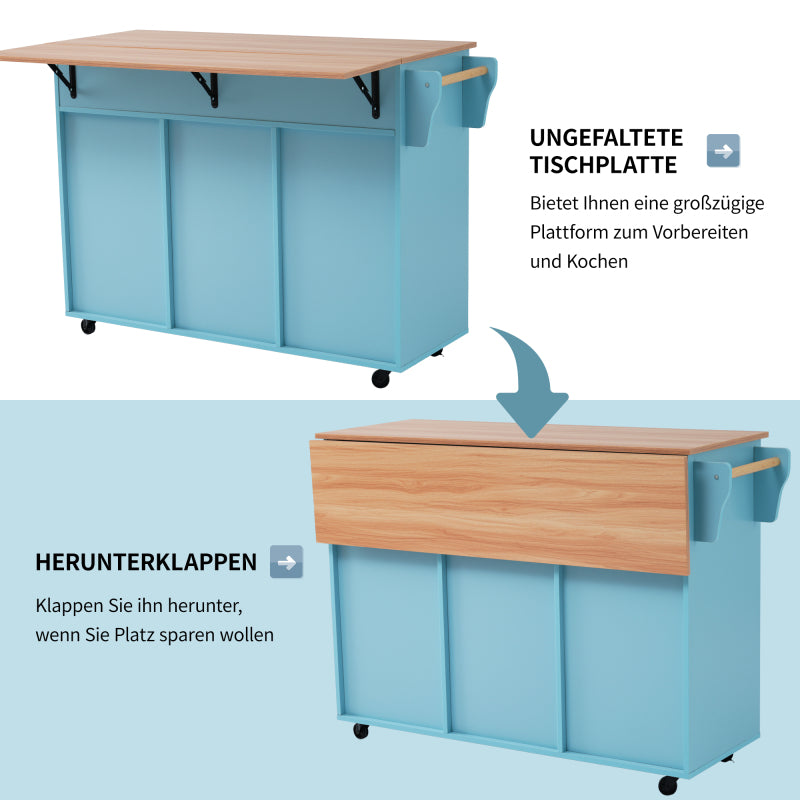 129x46(71)x91,5 cm großer Speisewagen/Sideboard, Arbeitsplatte mit Massivholzmaserung + blauer Schrank/faltbare Arbeitsplatte/Aufbewahrungstür-Design/Räder/Massivholzfüße umschaltbar/für Zuhause geeig