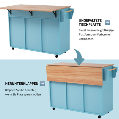 129x46(71)x91,5 cm großer Speisewagen/Sideboard, Arbeitsplatte mit Massivholzmaserung + blauer Schrank/faltbare Arbeitsplatte/Aufbewahrungstür-Design/Räder/Massivholzfüße umschaltbar/für Zuhause geeig