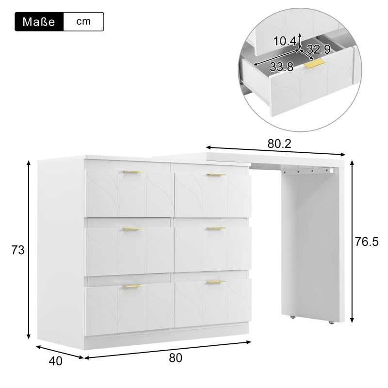 Schminktisch mit Beistelltisch,Bürotisch mit 6 Schubladen,Vergoldeten Griffen,drehbare Tischplatte(180°),lackiert,Blumenmuster,stoßfeste abgerundete Ecken,40T*73H,Weiß (ohne Spiegel und Hocker)