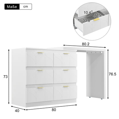 Schminktisch mit Beistelltisch,Bürotisch mit 6 Schubladen,Vergoldeten Griffen,drehbare Tischplatte(180°),lackiert,Blumenmuster,stoßfeste abgerundete Ecken,40T*73H,Weiß (ohne Spiegel und Hocker)