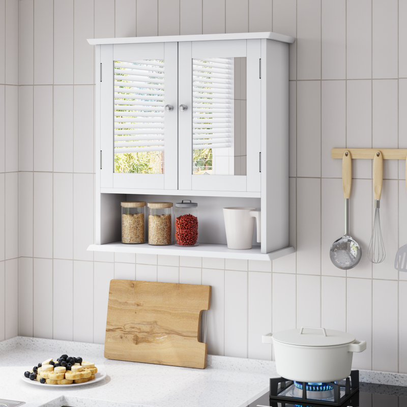 Badezimmerschrank mit Spiegel, weißer Arzneischrank mit verstellbarem Regal, Toilettenschrank in Waschküche und Küche