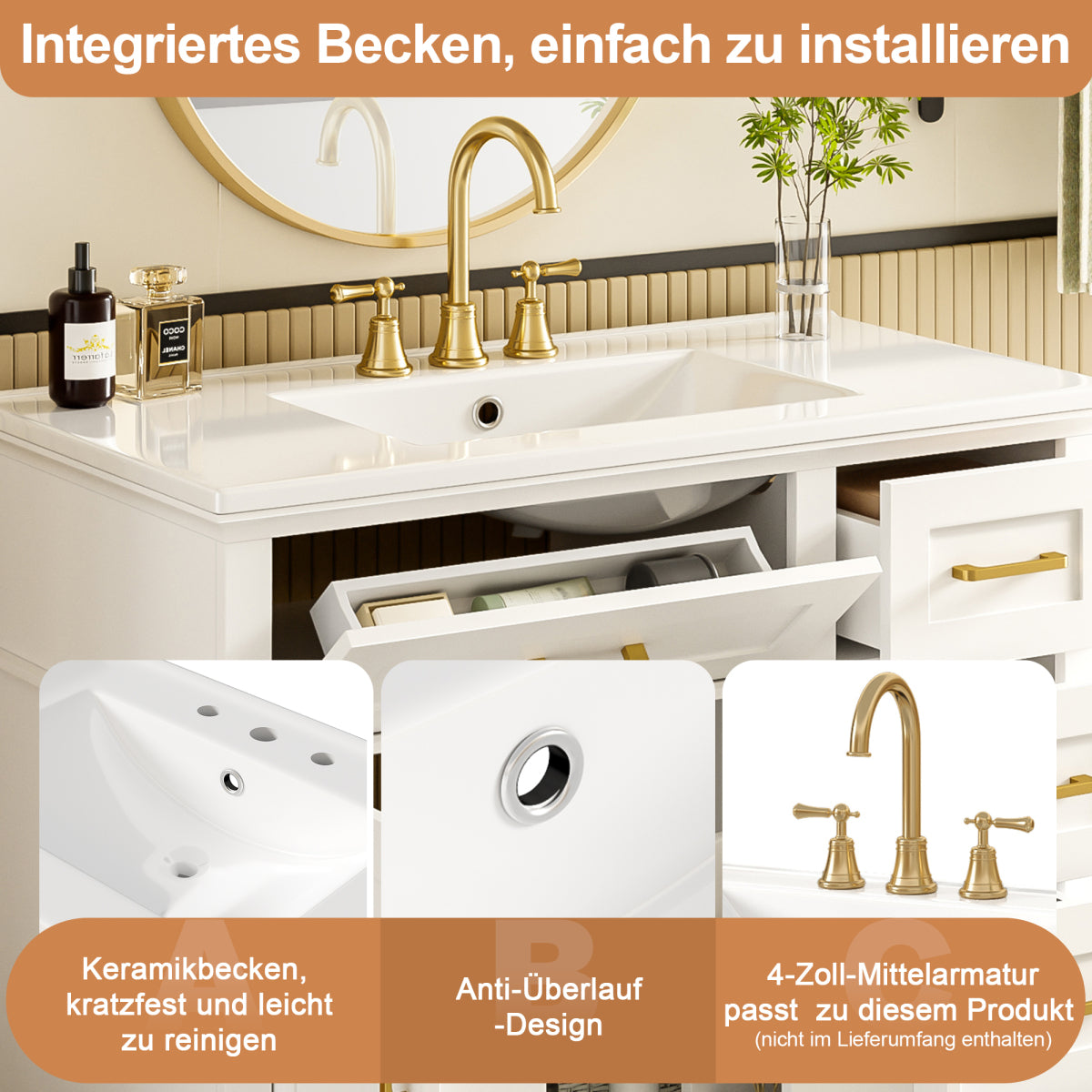 Badezimmer-Unterschrank 90×46×87 cm, weiß lackiert, Keramikwaschbecken, leise Schubladendämpfung, Massivholzbeine, viel Stauraum, goldene Griffe