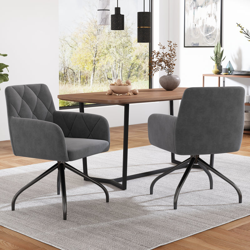 2er Set 360° Drehbarer Esszimmerstühle mit Rautenmuster,Gepolsterter Sessel mit 4 Metallbeinen,Moderner Lounge-Stuhl,Wohnzimmerstuhl für Shlafzimmer,Arbeitzimmer,Lendenwirbelstütze,Samt,Grau