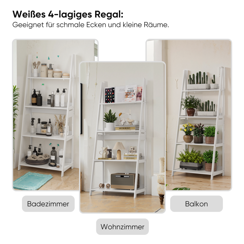 4-lagiges Leiter-Bücherregal, offener Bücherregal-Organizer & Aufbewahrungsständer für Bad, Homeoffice & Wohnzimmer, freistehend, weiß