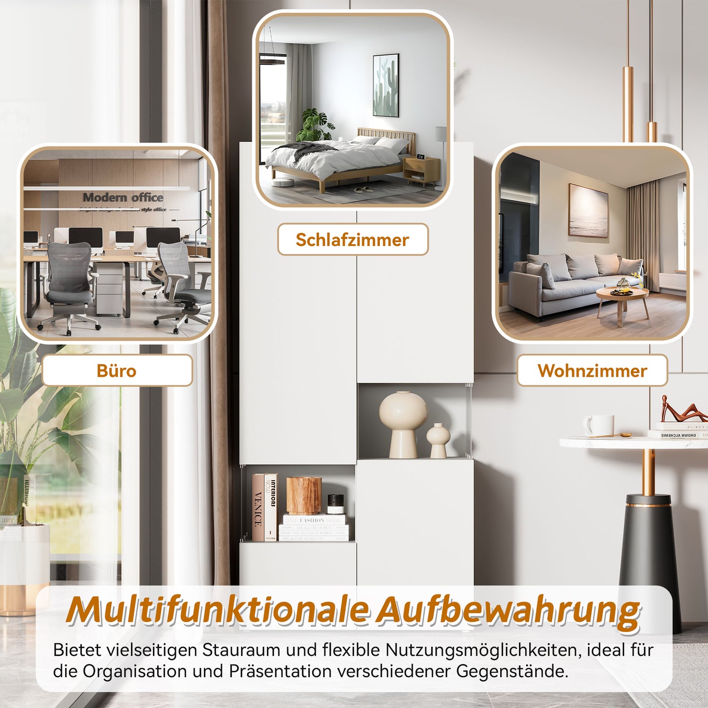 Vitrine mit LED-Beleuchtung, Hochschrank mit transparentes Acryl, für Wohnzimmer Büro Küche, offene Lagerung, Weiß