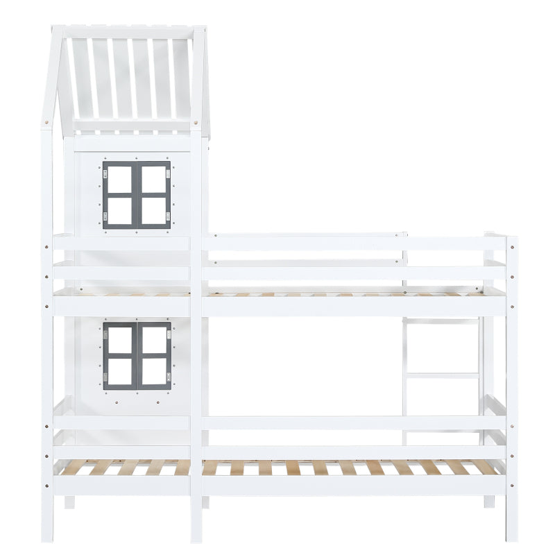 Etagenbett mit Handlauf und Fenster, Hausbett, Kinderbett mit Fallschutz und Gitter, Rahmen aus Kiefer, weiß (90x200cm) [29590567WAA]