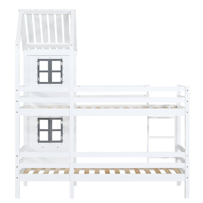 Etagenbett mit Handlauf und Fenster, Hausbett, Kinderbett mit Fallschutz und Gitter, Rahmen aus Kiefer, weiß (90x200cm) [29590567WAA]