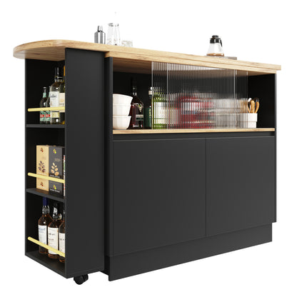Kücheninsel mit 360° Rotation, Barschrank mit Glasschiebetür & Stauraum, Weiß & Holzoptik, multifunktionaler Küchentisch & Sideboard