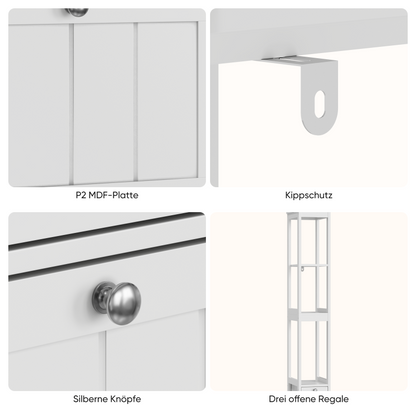 Schmaler Hochschrank, Badezimmerschrank mit 2 Schubladen und 3 Einlegeböden, 20Lx30Bx160Hcm, Weiß