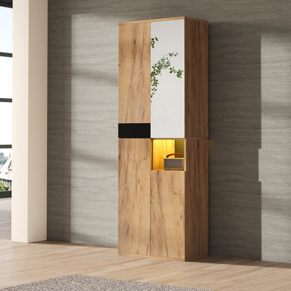 Hochschrank Schwarz/Natur 65x35x190 cm mit Spiegel, 4 Türen & offenem Fach, Mehrzweckschrank mit Stauraum
