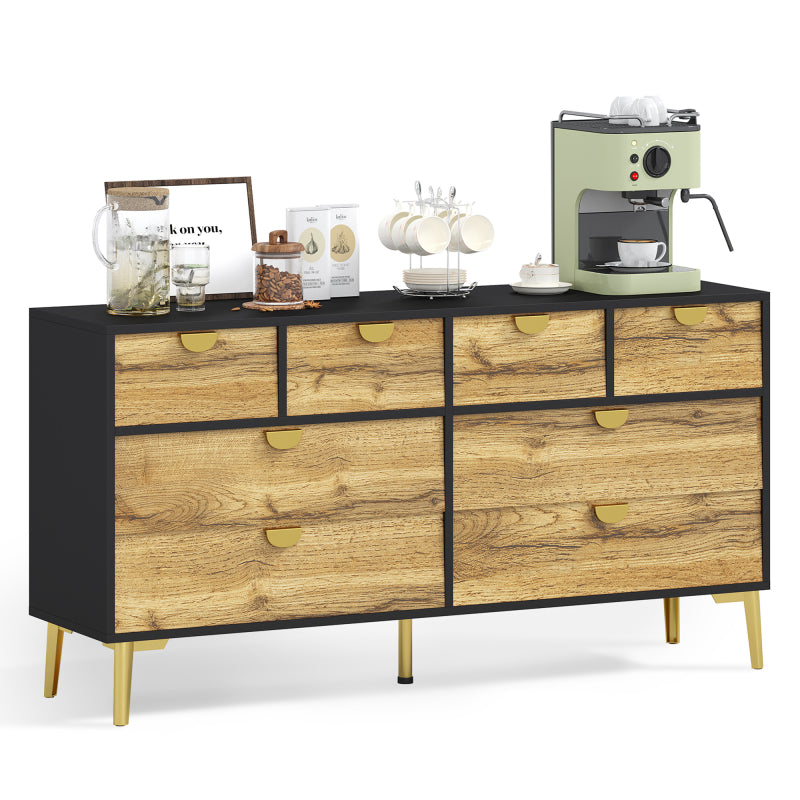 L150*W40*H78cm, Moderne Sideboard mit 8 Schubladen, Schwarz & Holzfarben, Minimalistisches Design, Goldene Metallgriff, Metallfüße, für Wohnzimmer und Esszimmer