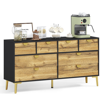 L150*W40*H78cm, Moderne Sideboard mit 8 Schubladen, Schwarz & Holzfarben, Minimalistisches Design, Goldene Metallgriff, Metallfüße, für Wohnzimmer und Esszimmer