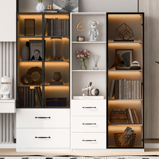 LED-Vitrine 140x40x160 cm: Multifunktionsschrank mit Glas- und offenen Fächern, sanft schließenden Scharnieren und mehrfarbiger LED-Beleuchtung.