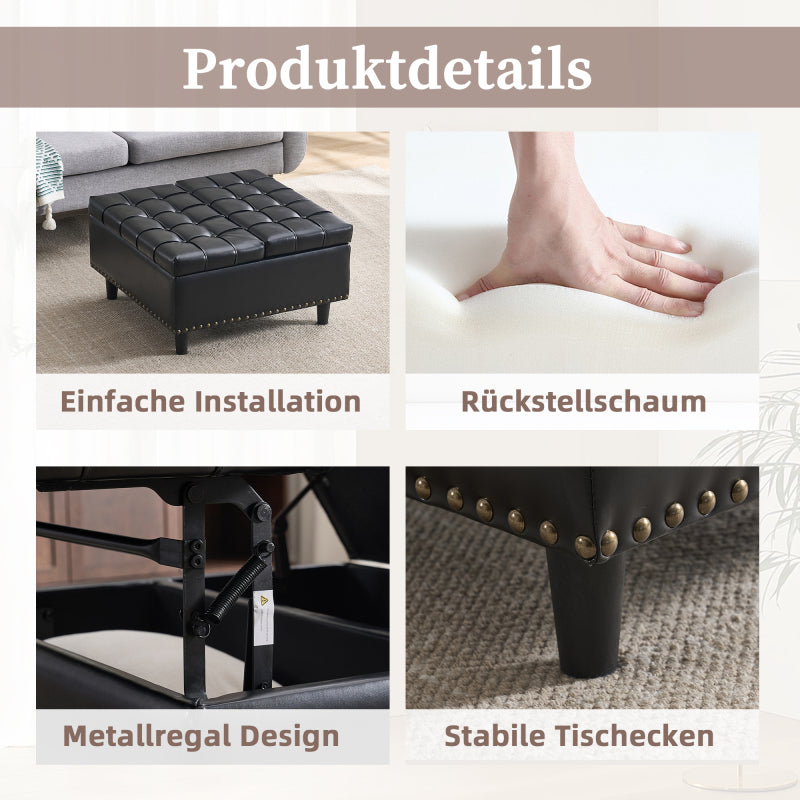 Großer quadratischer Aufbewahrungsstuhl, anhebbare Bank mit Stauraum, geeignet für Wohnzimmer Schlafzimmer Arbeitszimmer gepolsterte Aufbewahrungsbox(Black PU)