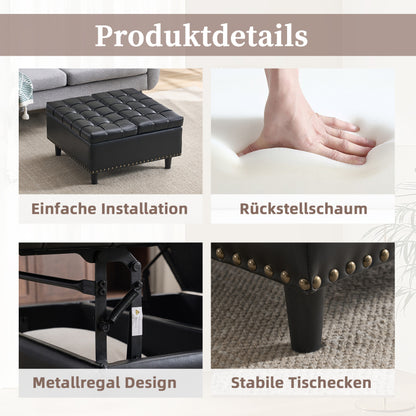 Großer quadratischer Aufbewahrungsstuhl, anhebbare Bank mit Stauraum, geeignet für Wohnzimmer Schlafzimmer Arbeitszimmer gepolsterte Aufbewahrungsbox(Black PU)