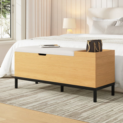 Sitzbank mit Stauraum 115 cm, Gepolsterte Truhenbank Holzoptik Natur, Stoffbezug Hellgrau, Flurbank