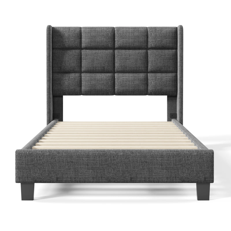 Modernes Design Polsterbett Mit seinem gepolstertes Kopfteil Einzelbett mit Lattenrost, 90x200cm ,in Grau Leinen, mittelfest (Ohne Matratze)