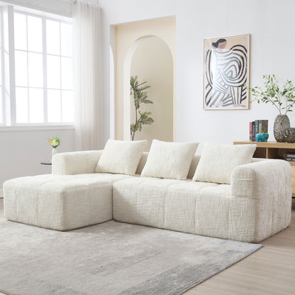 Modernes Sektionssofa, L-Sofa, 3-Sitzer-Sofa, keine Installation erforderlich, Chenille-Sofa mit Chaiselongue und Armlehnen, 3 Kissen, Seitentasche für Fernbedienung, Beige