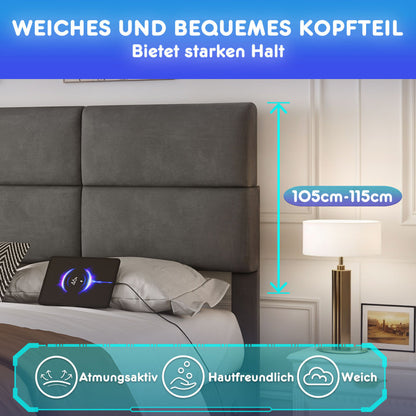 160 x 200 cm Bettgestell aus weichem Samt mit USB Type C Ladefunktion und LED Beleuchtung, Hydrauliksystem Stauraum Bettgestell aus Samtmaterial Jugendbett mit Lattenrost, Grau