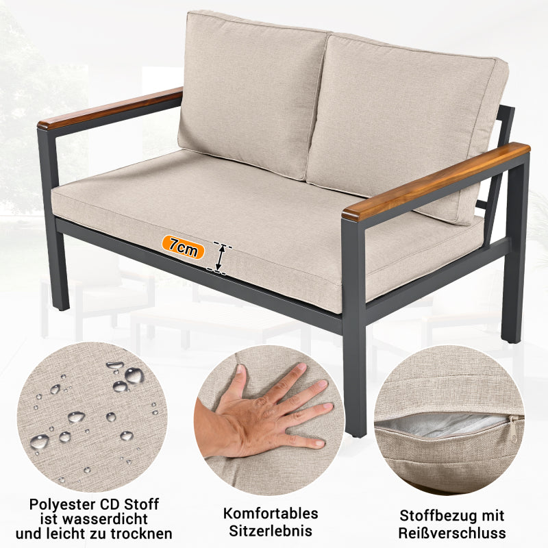Loungeset, Gartenmöbel-Set mit Rahmen aus verzinktem Stahl, (breites Set, 4-teiliges Esstisch-Set, 1x 2-Sitzer-Sofa, 2x Einzelstühle, 1x Tisch), Akazienholz Tischplatte und Armlehnen,Beige