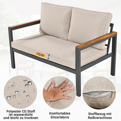 Loungeset, Gartenmöbel-Set mit Rahmen aus verzinktem Stahl, (breites Set, 4-teiliges Esstisch-Set, 1x 2-Sitzer-Sofa, 2x Einzelstühle, 1x Tisch), Akazienholz Tischplatte und Armlehnen,Beige