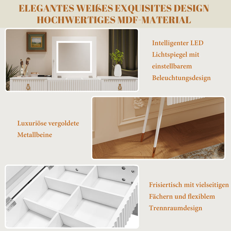 Weißer Schminktisch(Ohne Stühle), Enthält LED-Spiegel mit einstellbarer Helligkeit, luxuriösem vergoldetem Zubehör und mehreren Stauräumen, mit 4 Schubladen, Schreibtisch univer, Weiß