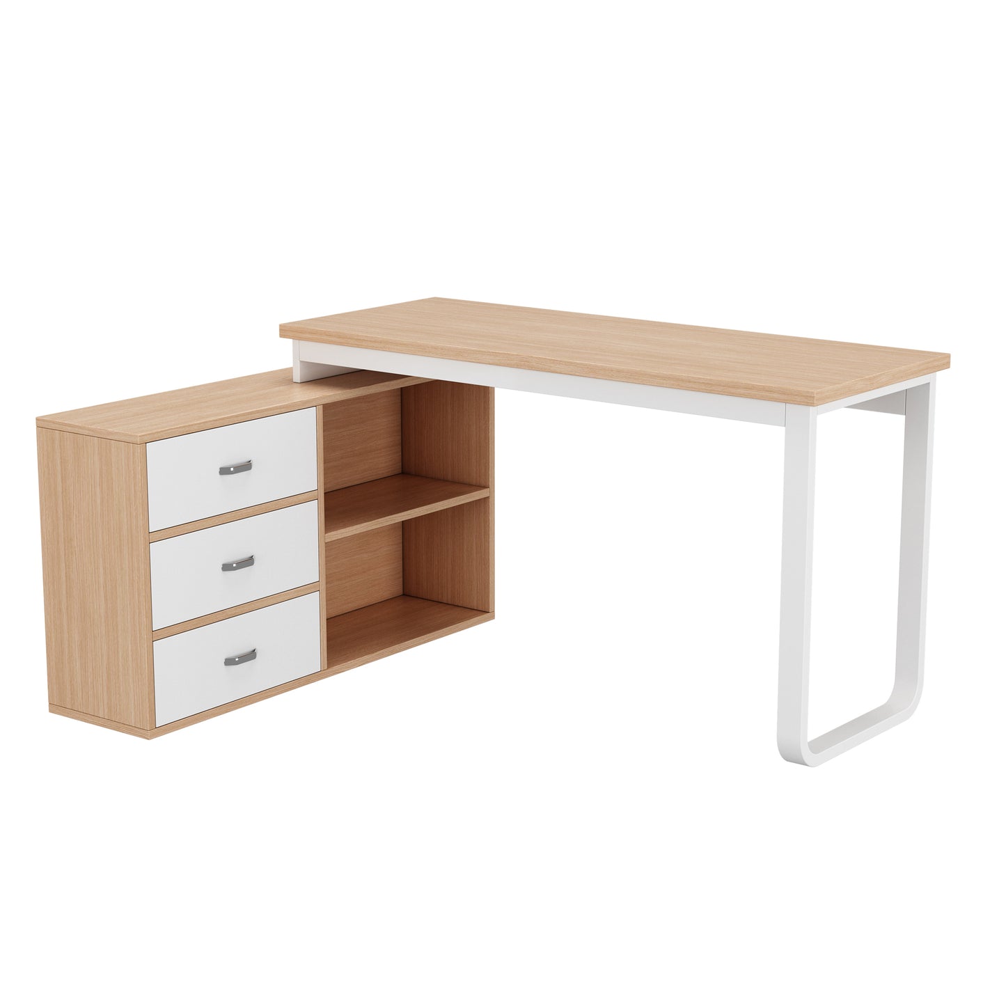Schlichter Schreibtisch, Büro Schreibtisch, drei Schubladen, zwei offene Ablagefächer, stabile Tragfähigkeit, natur